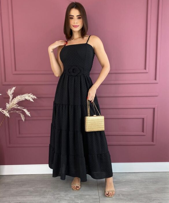 Vestido Longo com Bojo com Detalhe em Amarração Preto Fernanda Ramos Store