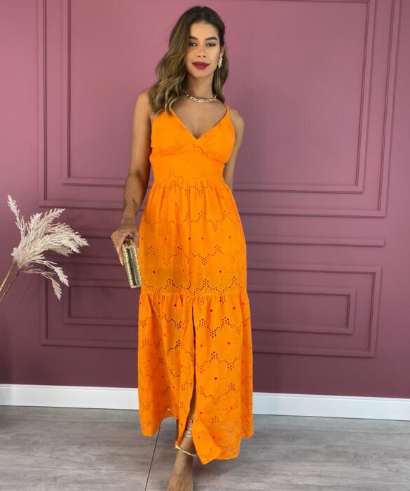 Vestido Longo com Bojo Laise com Fenda Laranja Fernanda Ramos Store