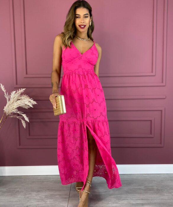 Vestido Longo com Bojo Laise com Fenda Pink Fernanda Ramos Store