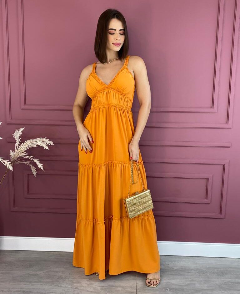 Vestido Longo com Bojo Laranja Alças com Detalhe - Fernanda Ramos Store