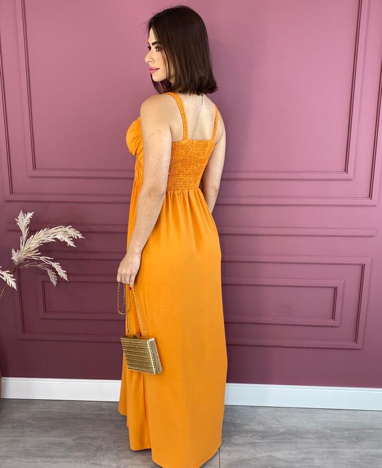 Vestido Longo com Bojo Laranja Alças com Detalhe - Fernanda Ramos Store