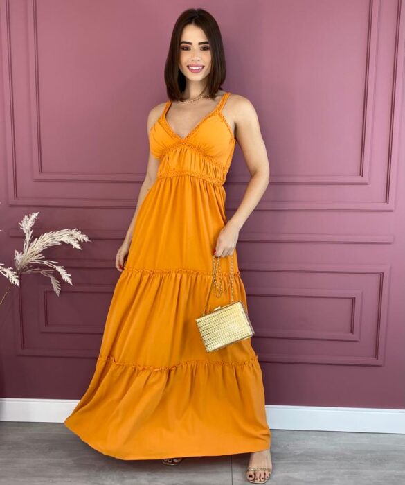 Vestido Longo com Bojo Laranja Alças com Detalhe Fernanda Ramos Store