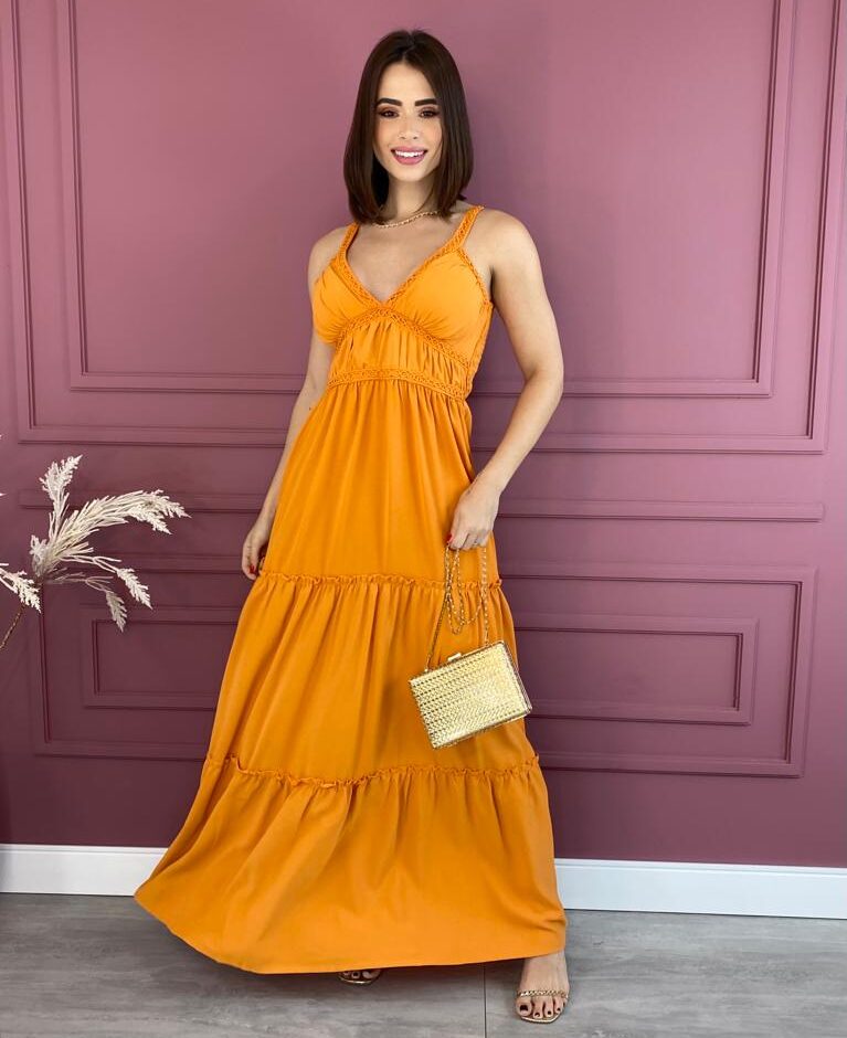 Vestido Longo com Bojo Laranja Alças com Detalhe - Fernanda Ramos Store