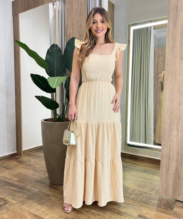 Vestido Longo com Bojo Pipoquinha Bege Escuro - Fernanda Ramos Store