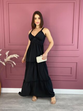 Vestido Longo com Bojo Preto Alças com Detalhe Fernanda Ramos Store