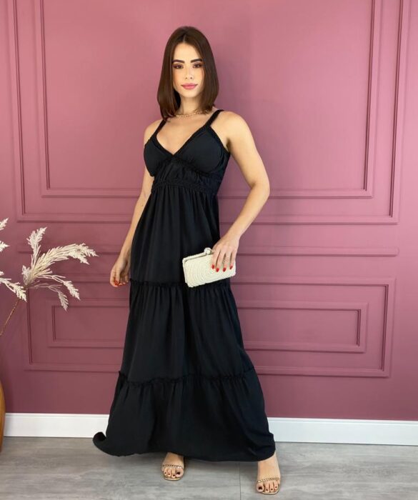 Vestido Longo com Bojo Preto Alças com Detalhe Fernanda Ramos Store