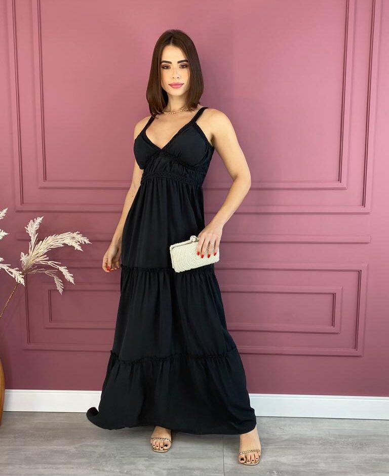 Vestido Longo com Bojo Preto Alças com Detalhe Fernanda Ramos Store