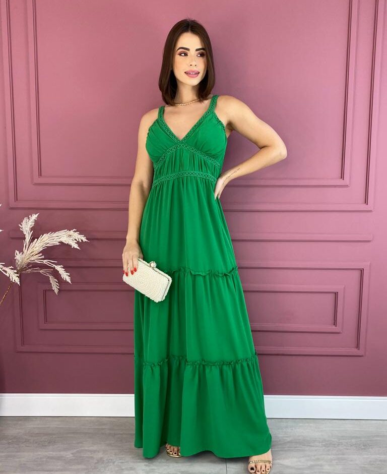 Vestido Longo com Bojo Verde Alças com Detalhe - Fernanda Ramos Store