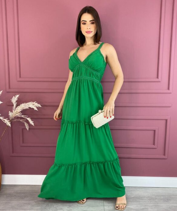 Vestido Longo com Bojo Verde Alças com Detalhe Fernanda Ramos Store