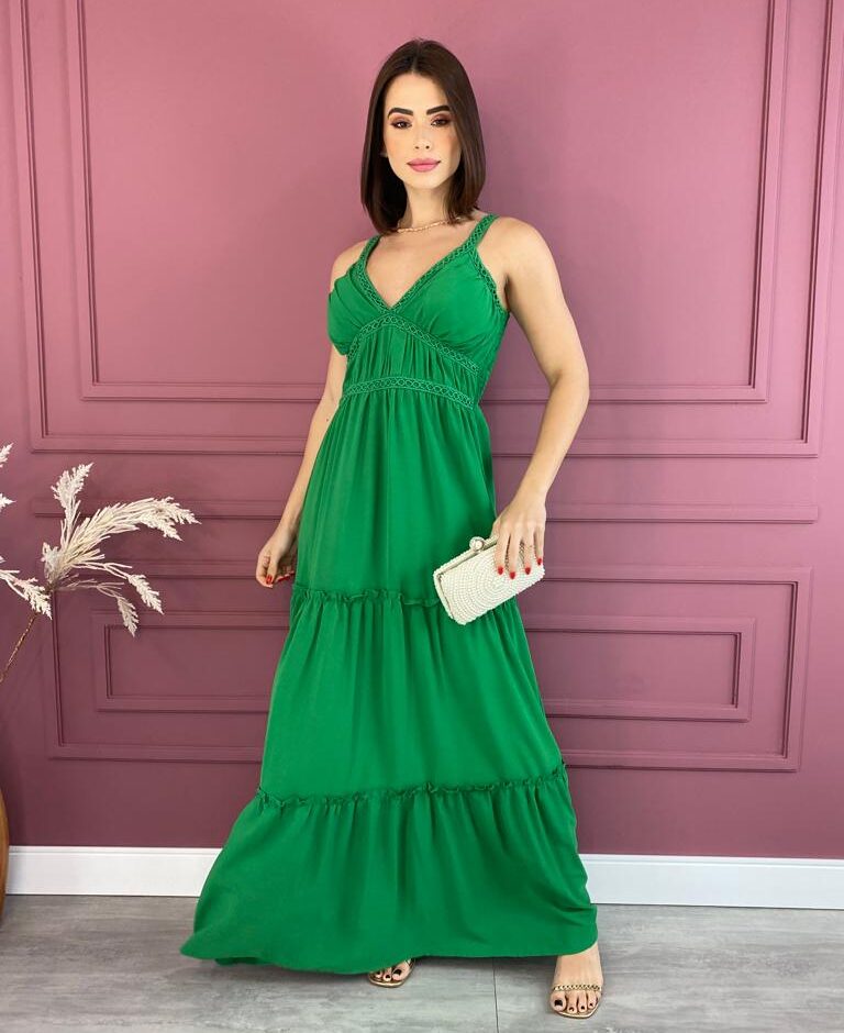 Vestido Longo com Bojo Verde Alças com Detalhe - Fernanda Ramos Store
