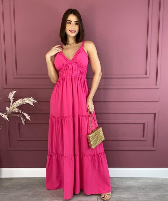 Vestido Longo com Bojo Pink Alças com Detalhe Fernanda Ramos Store