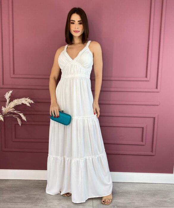 Vestido Longo com Bojo Branco Alças com Detalhe Fernanda Ramos Store