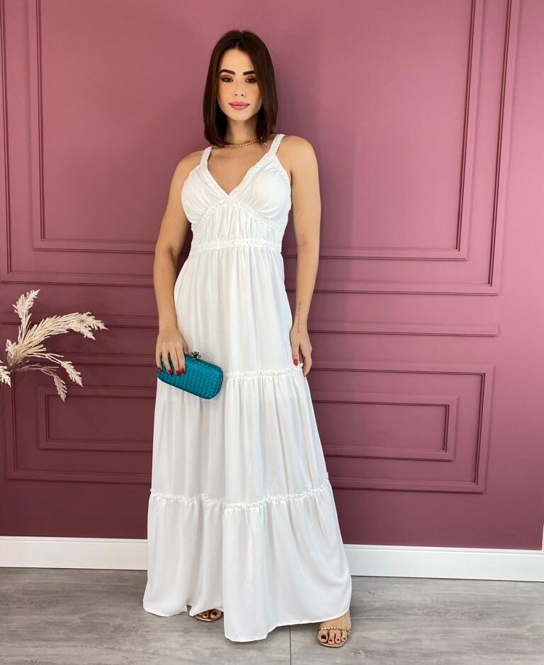 Vestido Longo com Bojo Branco Alças com Detalhe Fernanda Ramos Store