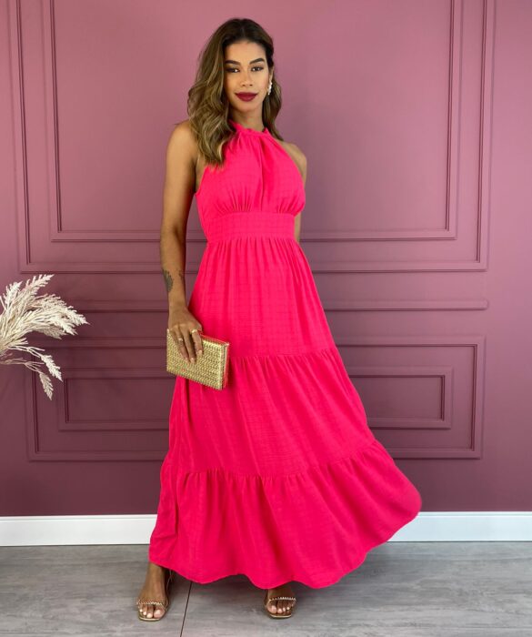 Vestido Longo com Bojo Viscolinho com Amarração Pink Fernanda Ramos Store