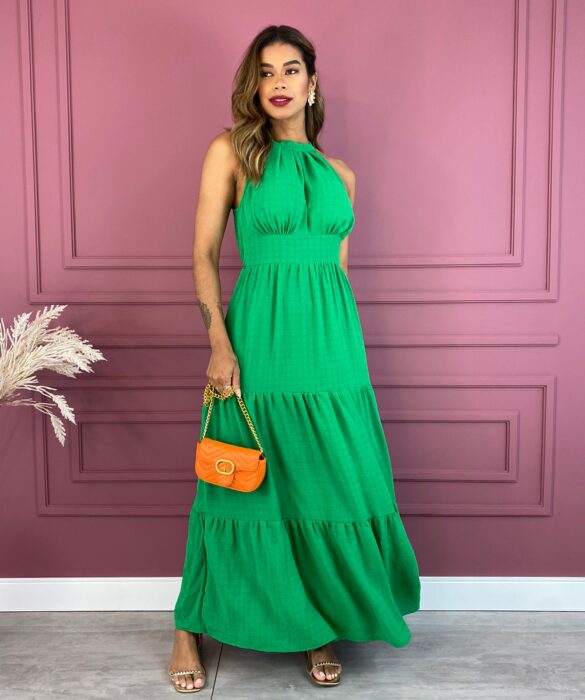 Vestido Longo com Bojo Viscolinho com Amarração Verde Fernanda Ramos Store