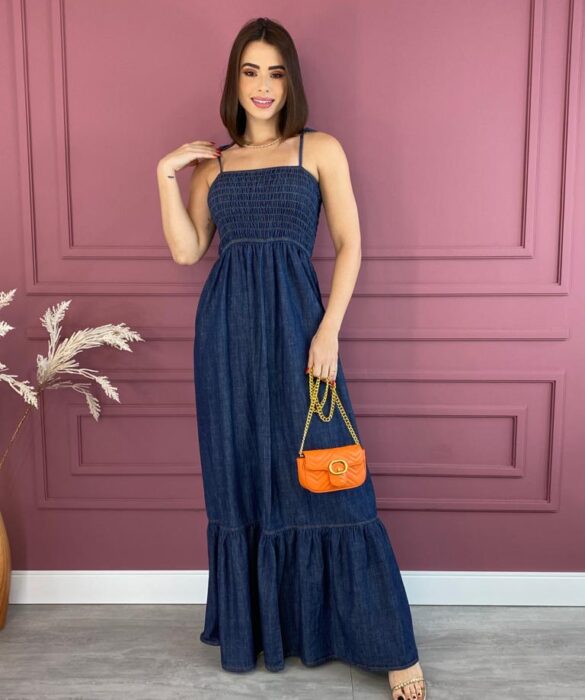 Vestido Longo Jeans Escuro Lastex Alças com Amarração Fernanda Ramos Store