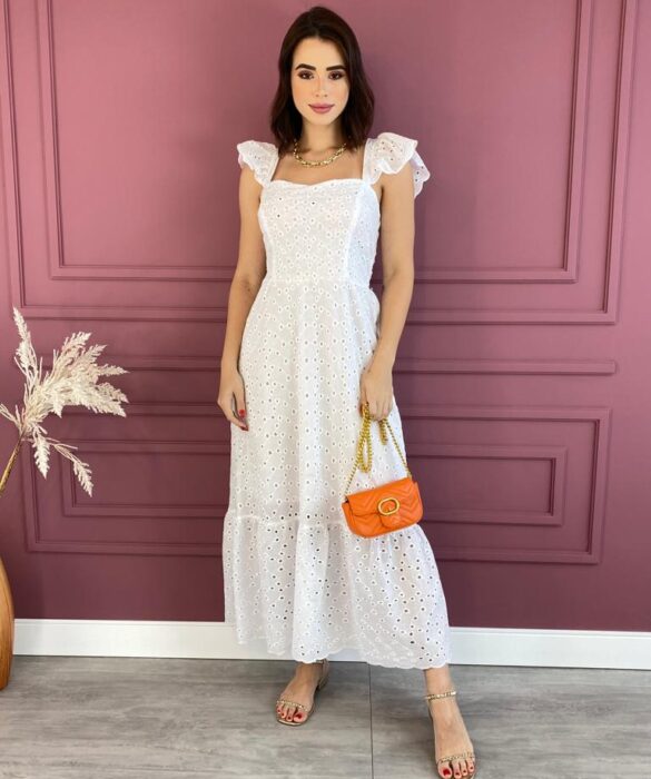 Vestido Longo Laise Alça Babados sem Bojo Branco Fernanda Ramos Store