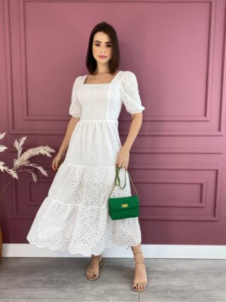 Vestido Longo Laise Branco Manga Curta sem Bojo Fernanda Ramos Store