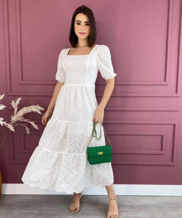 Vestido Longo Laise Branco Manga Curta sem Bojo Fernanda Ramos Store