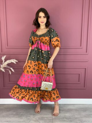 Vestido Longo sem Bojo com Lastex Verde Pink e Laranja Fernanda Ramos Store