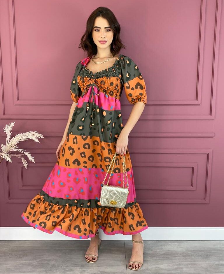 Vestido Longo sem Bojo com Lastex Verde Pink e Laranja Fernanda Ramos Store