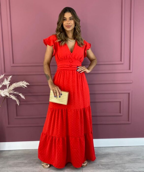 Vestido Longo sem Bojo Botões Falso Pipoquinha Vermelho Fernanda Ramos Store