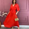 Vestido Longo sem Bojo com Amarração Manga 3/4 Vermelho Fernanda Ramos Store