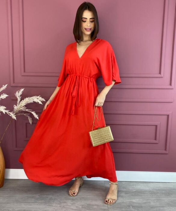 Vestido Longo sem Bojo com Amarração Manga 3/4 Vermelho Fernanda Ramos Store