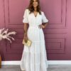 Vestido Longo sem Bojo com Relevo e Botões Branco Fernanda Ramos Store