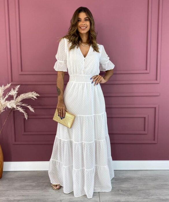 Vestido Longo sem Bojo com Relevo e Botões Branco Fernanda Ramos Store