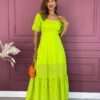 Vestido Longo sem Bojo de Laise Amarração Atrás Verde Lima Fernanda Ramos Store