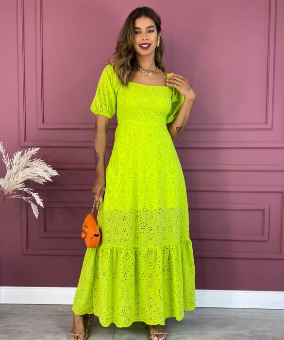 Vestido Longo sem Bojo de Laise Amarração Atrás Verde Lima Fernanda Ramos Store