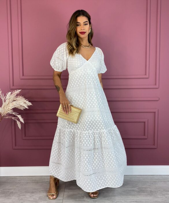 Vestido Longo sem Bojo de Laise Manga Princesa Branco Fernanda Ramos Store