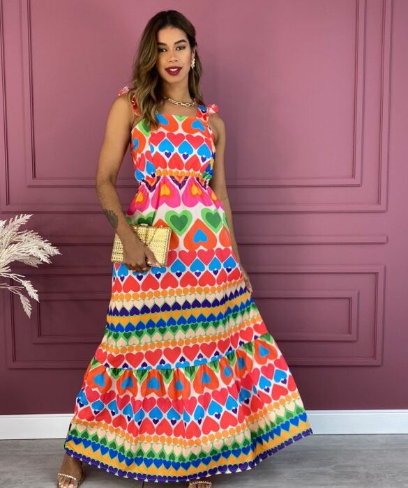 Vestido Longo sem Bojo Estampa Corações Alça Babados Fernanda Ramos Store