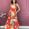 Vestido Longo sem Bojo Floral Pink e Laranja com Babado Fernanda Ramos Store