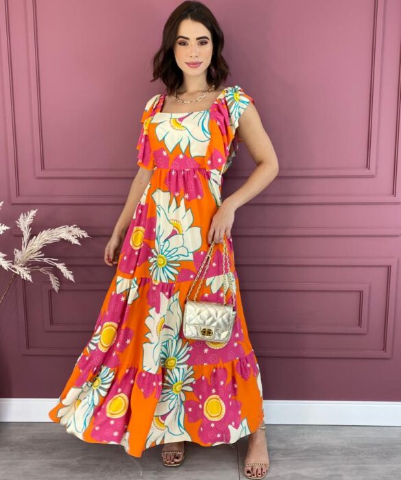 Vestido Longo sem Bojo Floral Pink e Laranja com Babado Fernanda Ramos Store