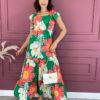 Vestido Longo sem Bojo Floral Verde e Rosa com Babado Fernanda Ramos Store