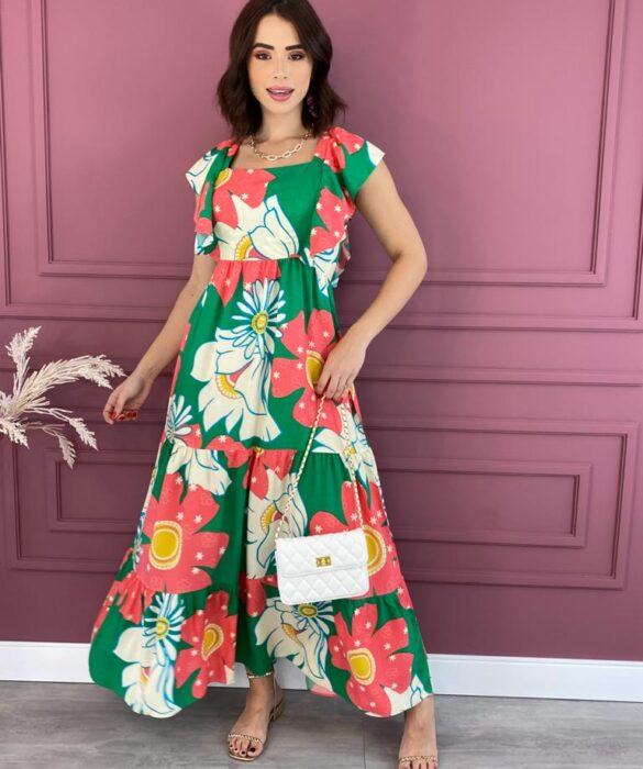 Vestido Longo sem Bojo Floral Verde e Rosa com Babado Fernanda Ramos Store