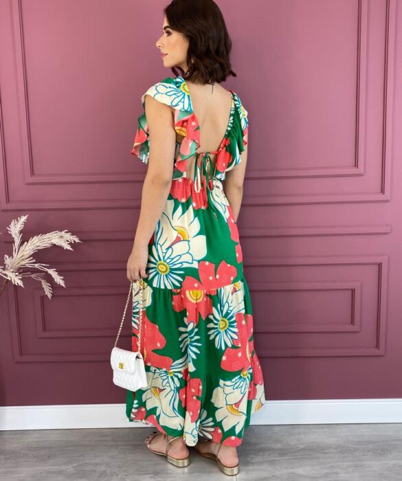 fernandaramosstore com br vestido longo sem bojo floral verde e rosa com babado 1