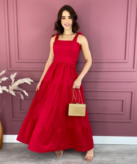 Vestido Longo sem Bojo com Amarração nas Alças Vermelho Fernanda Ramos Store