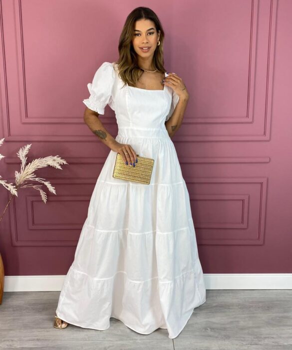 Vestido Longo sem Bojo Manga Bufante Branco Fernanda Ramos Store