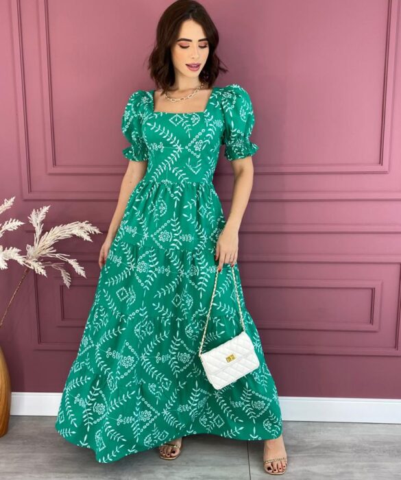 Vestido Longo sem Bojo Manga Bufante Estampa Verde Fernanda Ramos Store