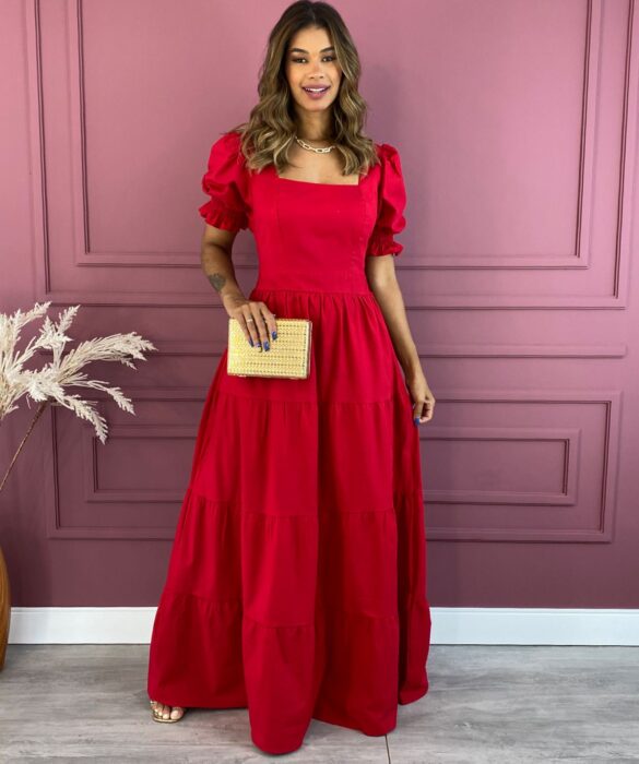 Vestido Longo sem Bojo Manga Bufante Vermelho Fernanda Ramos Store