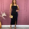 Vestido Midi com Bojo com Fenda Alça Regulável Preto Fernanda Ramos Store