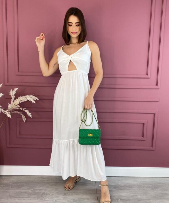 Vestido Midi com Bojo Branco com Abertura Alça Regulável Fernanda Ramos Store