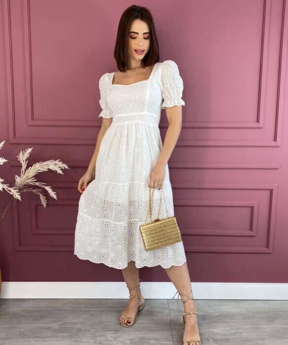 Vestido Midi Laise Branco Manga Princesa sem Bojo Fernanda Ramos Store