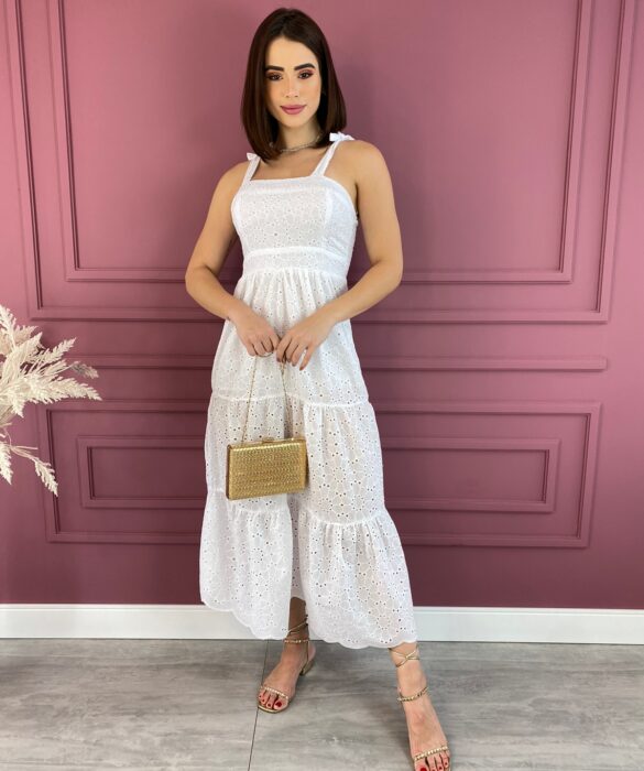 Vestido Midi sem Bojo Amarração nas Alças Laise Branco Fernanda Ramos Store