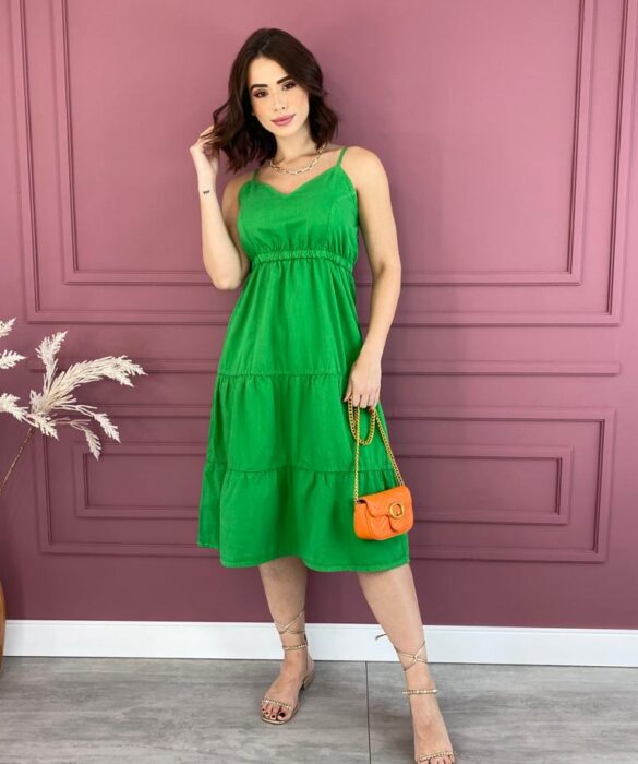 Vestido Midi sem Bojo com Babado Sarja Verde 061946 Fernanda Ramos Store