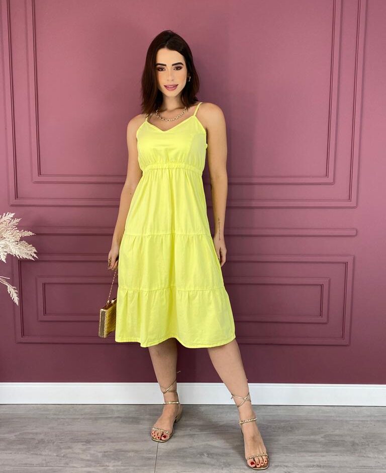 Vestido Midi sem Bojo com Babado Sarja Verde Lima 061946 Fernanda Ramos Store