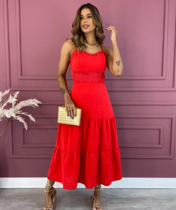 Vestido Midi sem Bojo Detalhe em Guipir Pipoquinha Vermelho Fernanda Ramos Store